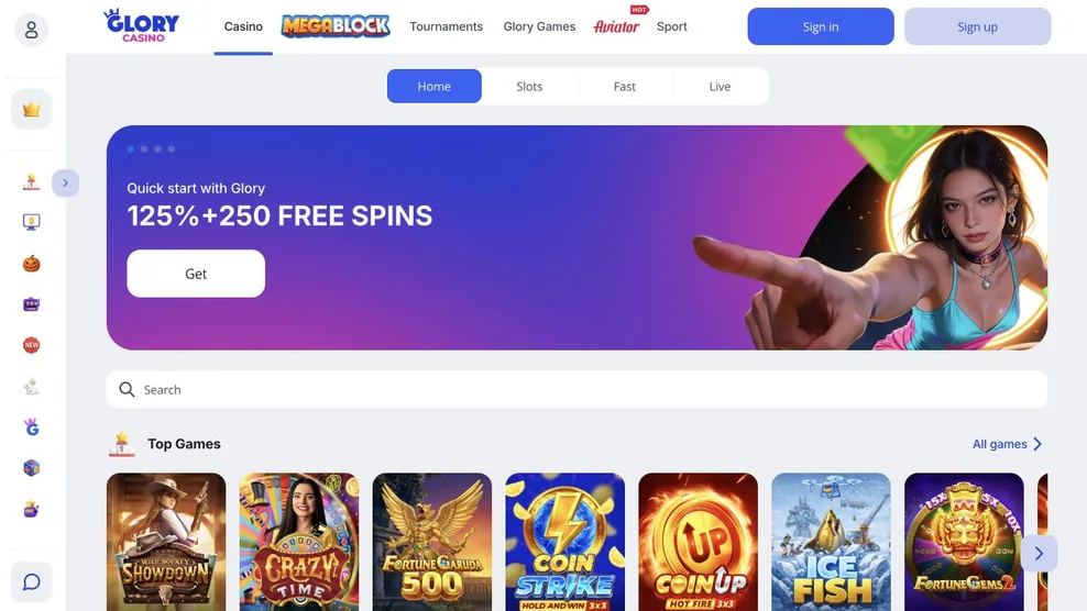 Glory Casino: página principal (escritorio)